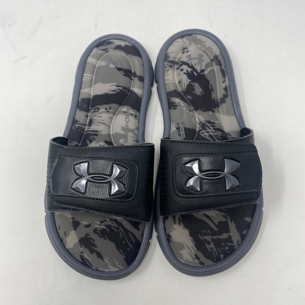 Under‎ Armour Black & Gray Camo Slides Youth Size 4Y Foam Flip Flops Sandals